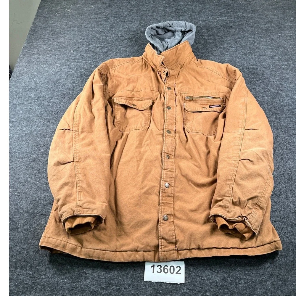 Genuine Dickies Jacket Mens XL Brown Cotton Canvas Hooded Workwear Button Front
